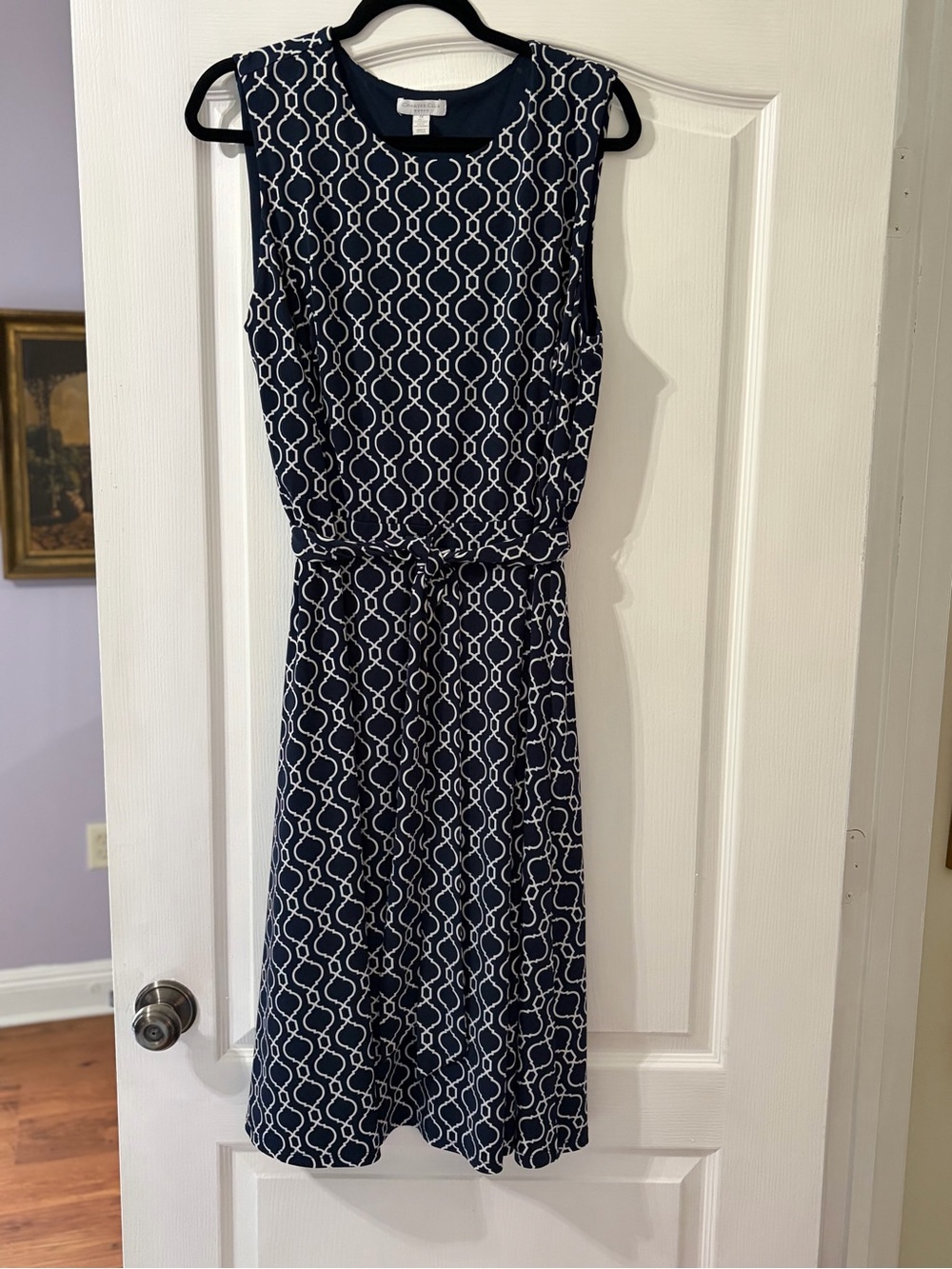 Charter Club Navy and White Chain-Print Sleeveless Dress 1x